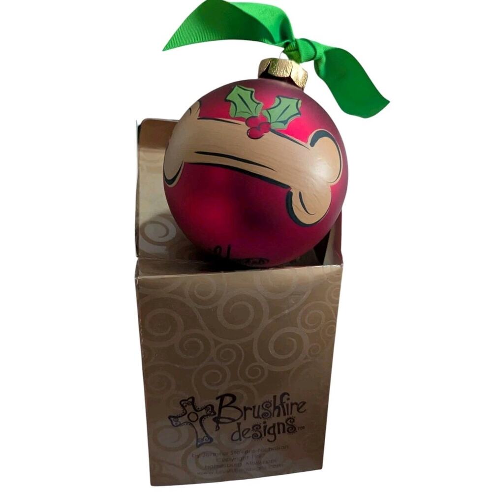 Blown Glass Handpainted Dog Bone Christmas Ornament Bow Red 4” Ball Pet New Box - Picture 3 of 7
